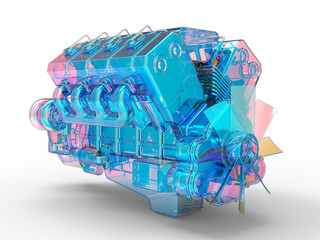 Fototapeta premium 3D rendering - large car engine transparent view