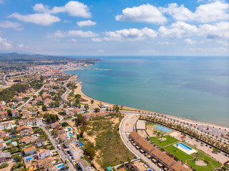 The coastline of L'Ampolla, Catalonia, Spain. Drone aerial panorama