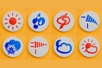 Set of weather forecast icons for web site or mobile application. Realism design concept. Red and blue painted symbols on white texture coating round surface. Easy to extract or overlay