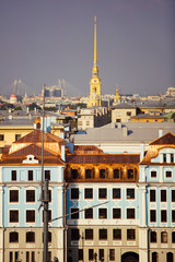 St. Petersburg. View of the Peter and Paul Fortress and the roofs of houses from the height of bird flight