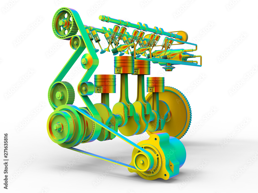 Poster 3d rendering - fea structural analysis of a four piston engine