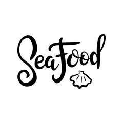 Sea food menu template illustration for restaurant advertising on grunge textured white background. Hand drawn lettering design with shell element for banner, menu and poster in hipster style