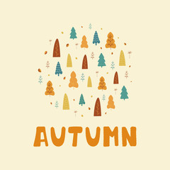Illustration with trees, leaves and hand lettering Autumn in cartoon style. Autumn template for benner, flyer, brochure. Vector