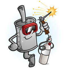 A shiny new muffler cartoon mascot wearing safety gear and using a welding torch with a gas tank with sparks flying everywhere