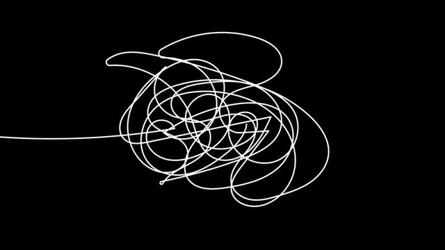 Hand drawn tangle scrawl sketch or black line spherical abstract scribble shape. Tangled chaotic doodle circle drawing circles or thread clew knot. 4K FullHD and HD render footage animation
