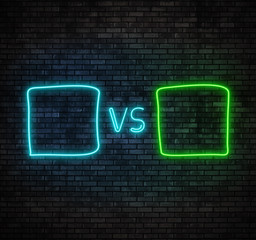 Versus screen in neon style. Blinking futuristic neon VS frames light on brick wall. Neon banner Announcement of two fighters. Competition match game, martial battle sport. 3d render