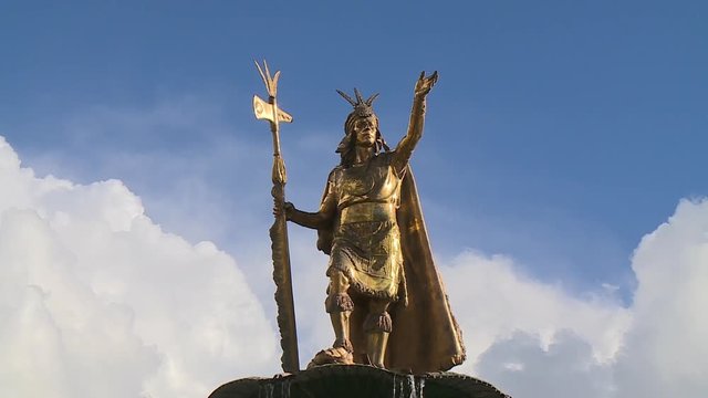 Close-up low-angle still shot of Inca Pachacuti statue /Emperor statue at Plaza de Armas, Cusco peru.