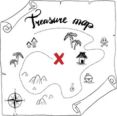 pirates treasure map hand drawn cartoon black ink isolated on white , palms at uninhabited island cross sign way search gold chest , rose of wind compass north at sea or ocean , vector illustration
