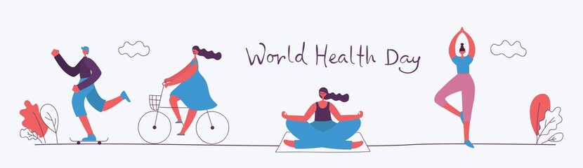Vector illustration concept flat design of men and women doing sport and healthy lifestyle background - World Health Day