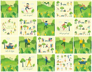 Vector Nature ECO background with different people, couple doing activities, sports, yoga, walking and have a rest outdoor, in the forest and park in the flat style