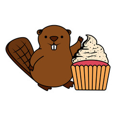 cute beaver mascot with sweet cupcake