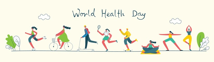 Fototapeta na wymiar Vector illustration concept flat design of men and women doing sport and healthy lifestyle background - World Health Day