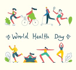 Vector illustration concept flat design of men and women doing sport and healthy lifestyle background - World Health Day