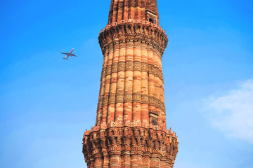 Detail of Qutab Minar, the tallest minaret in the world 73 metre tall tapering tower of five storeys made from sandstone bricks  in the Mehrauli area of Delhi, India.