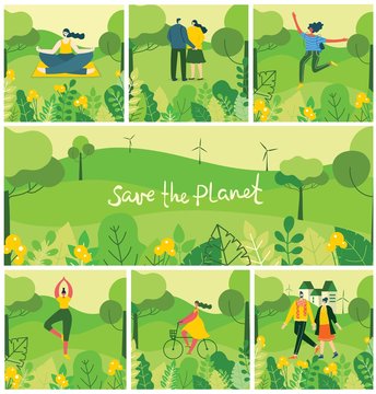 Vector Nature ECO Save the planet background with different people, couple doing activities, yoga, sport, walking and have a rest outdoor, in the forest and park in the flat style