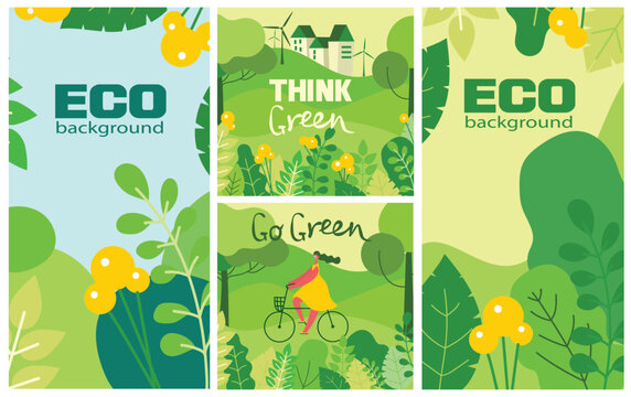 Vector illustration ECO backgrounds of Concept of green eco energy and quote Save the planet. Landscape, forest, hills and trees with wind turbines in flat geometric style