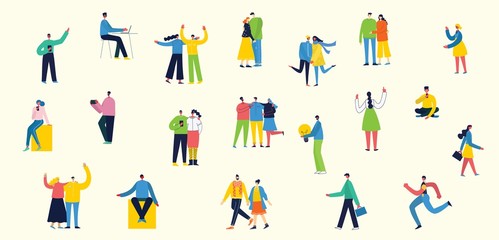 Vector illustration in a flat style of different activities people jumping, dancing, walking, business, couple in love, doing sport, have party. 
