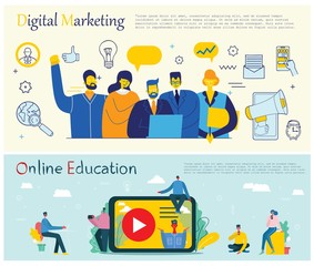 Vector illustrations of the office concept business people in the flat style. Digital marketing, online education business concept