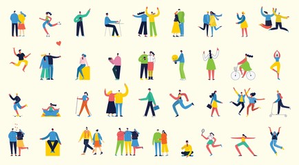 Fototapeta na wymiar Vector illustration in a flat style of different activities people jumping, dancing, walking, business, couple in love, doing sport, have party.