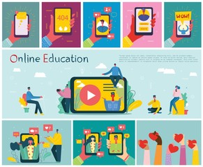 Vector illustration of concept of Online education, training and workshops in flat design