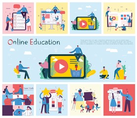 Fototapeta na wymiar Vector illustration of concept of Online education, training and workshops in flat design