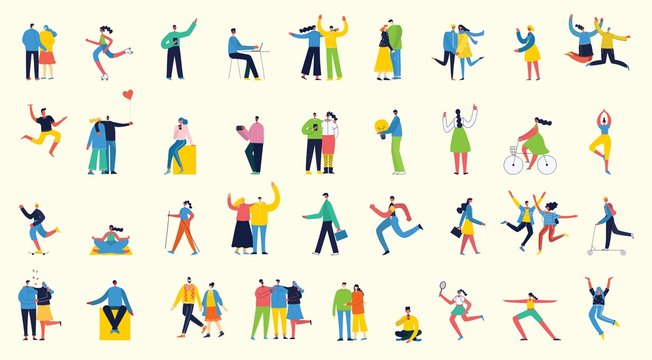 Vector illustration in a flat style of different activities people jumping, dancing, walking, business, couple in love, doing sport, have party.
