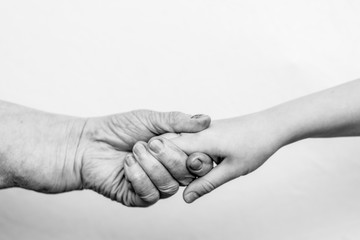 The hands of an old man and a child hold each other against a white background.
