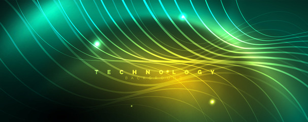 Shiny neon lines template - northern lights glowing blur lines. Futuristic style glow neon 80s disco club or night party techno template