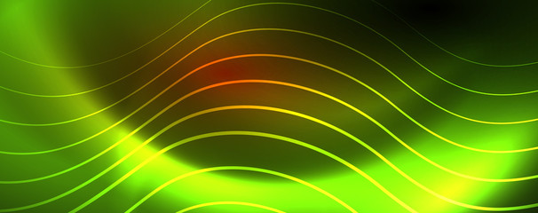 Bright neon circles and wave lines, glowing shiny background design template, digital techno concept.