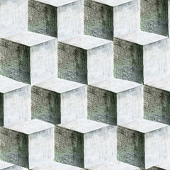 Pencil drawn 3D cubes seamless geometric background. Hand drawn repeating illustration