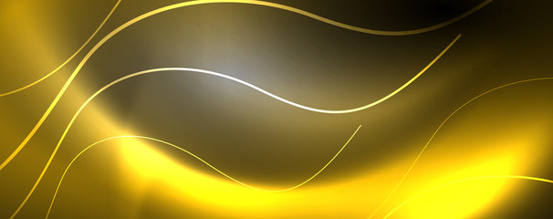 Fototapeta premium Shiny neon lights, dark abstract background with blurred magic neon light curved lines