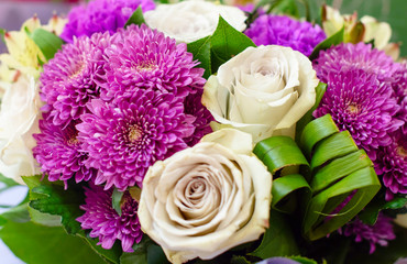 delicate lilac bouquet of roses and chrysanthemums