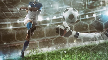 Fotobehang Goalkeeper catches the ball in the stadium during a football game © alphaspirit