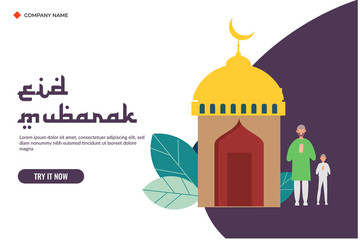 happy ramadan mubarak greeting. eid fitr or adha flat design vector illustration for web landing page template, banner, flyer, card and presentation