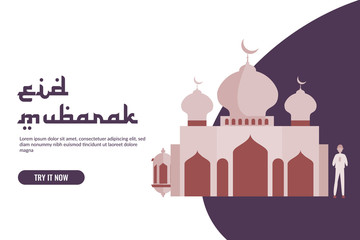 happy ramadan mubarak greeting. eid fitr or adha flat design vector illustration for web landing page template, banner, flyer, card and presentation