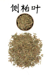 Arborvitae herb used in chinese herbal medicine. Translation reads as Chinese arborvitae. Used as a pain killer, to treat rheumatism, insomnia, depression, digestion problems and constipation. Ce bai.