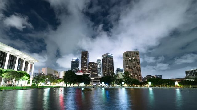 Los Angeles Downtown Skyline Reflected On Water Time Lapse