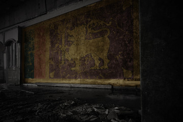 painted flag of sri lanka on the dirty old wall in an abandoned ruined house.