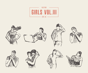 Set various teenage girls emotions poses vector