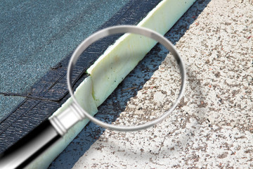 Roof thermal insulation with polystyrene panels covered with waterproof membrane and - Concept image seen through a magnifying glass