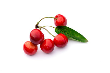 bunch of red ripe sweet cherries on a white background