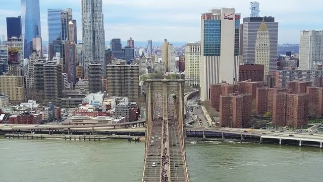 Wide aerial, Brooklyn Bridge in New York City