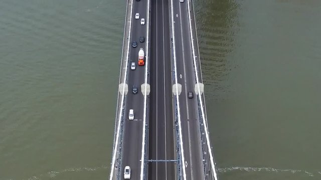 Tilt up aerial, Manhattan Bridge over East River