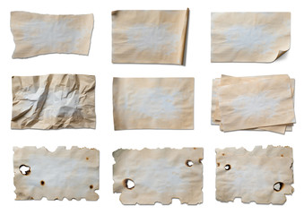 Collection of vintage old paper isolated on a white background
