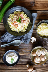 Zucchini dumplings with roasted mushrooms, Prosciutto, cheese and sour cream