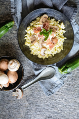Zucchini dumplings with roasted mushrooms, Prosciutto, cheese and sour cream