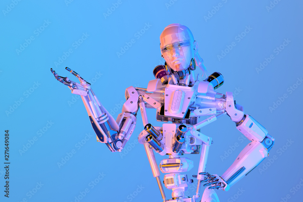 Aufkleber modern ai humanoid robot cyborg showing something over robot hand with copy space. advertising, futu