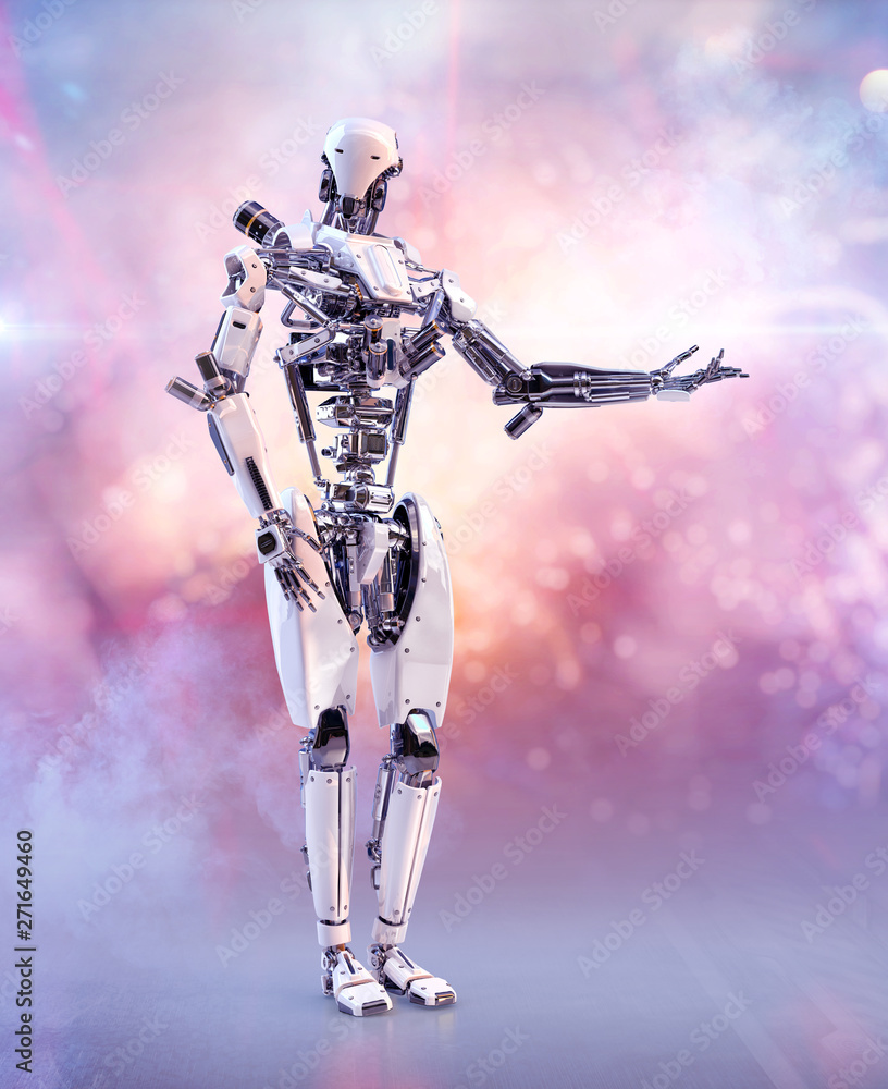 Aufkleber modern ai humanoid robot cyborg showing something over robot hand with copy space. advertising, futu