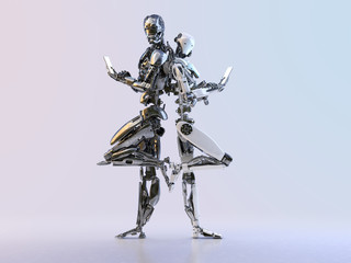 Couple of modern robots standing back to back and holding mobile phones, isolated. Technology, communication, artificial intelligence and relationships concept. 3D illustration.