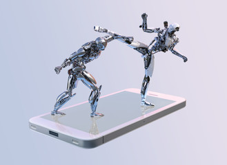Couple of modern robots fighting or presenting karate workout on the smartphone screen. Sport, healthcare, fitness, artificial intelligence, mobile smartphone gaming concept. 3D illustration.